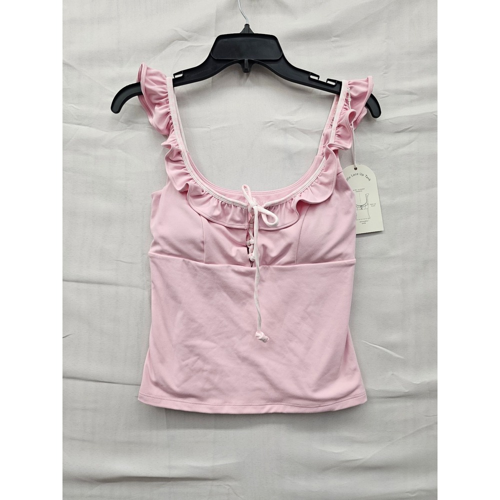 Blogilates Ruffle Lace Up Tank Light Pink Sleeveless Top Small NWT 214202040